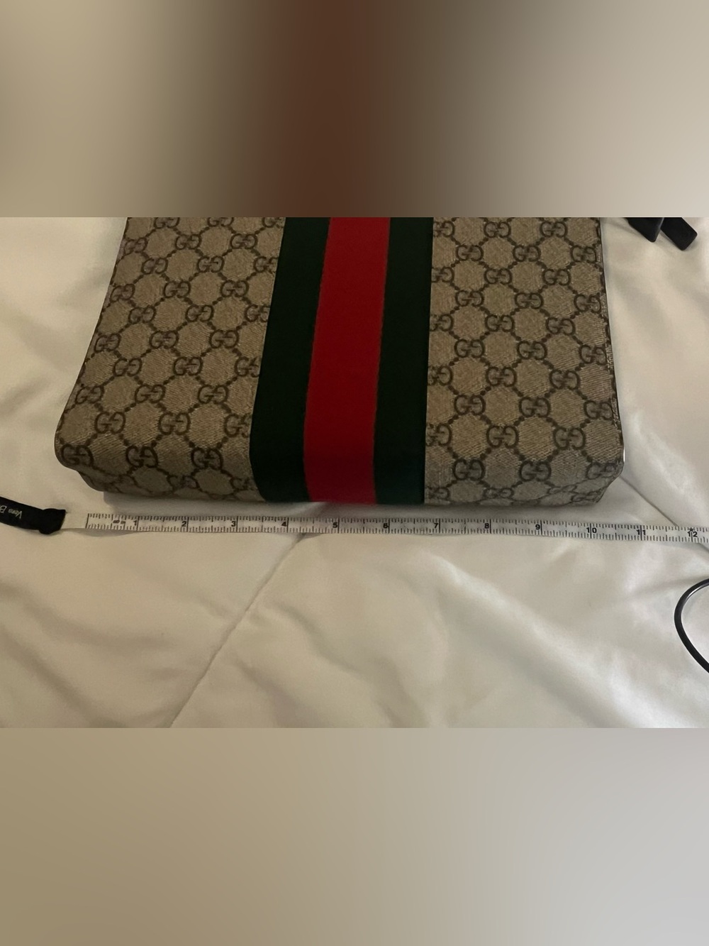 Gucci Beige GG Canvas Pouch with Red and Green Stripe